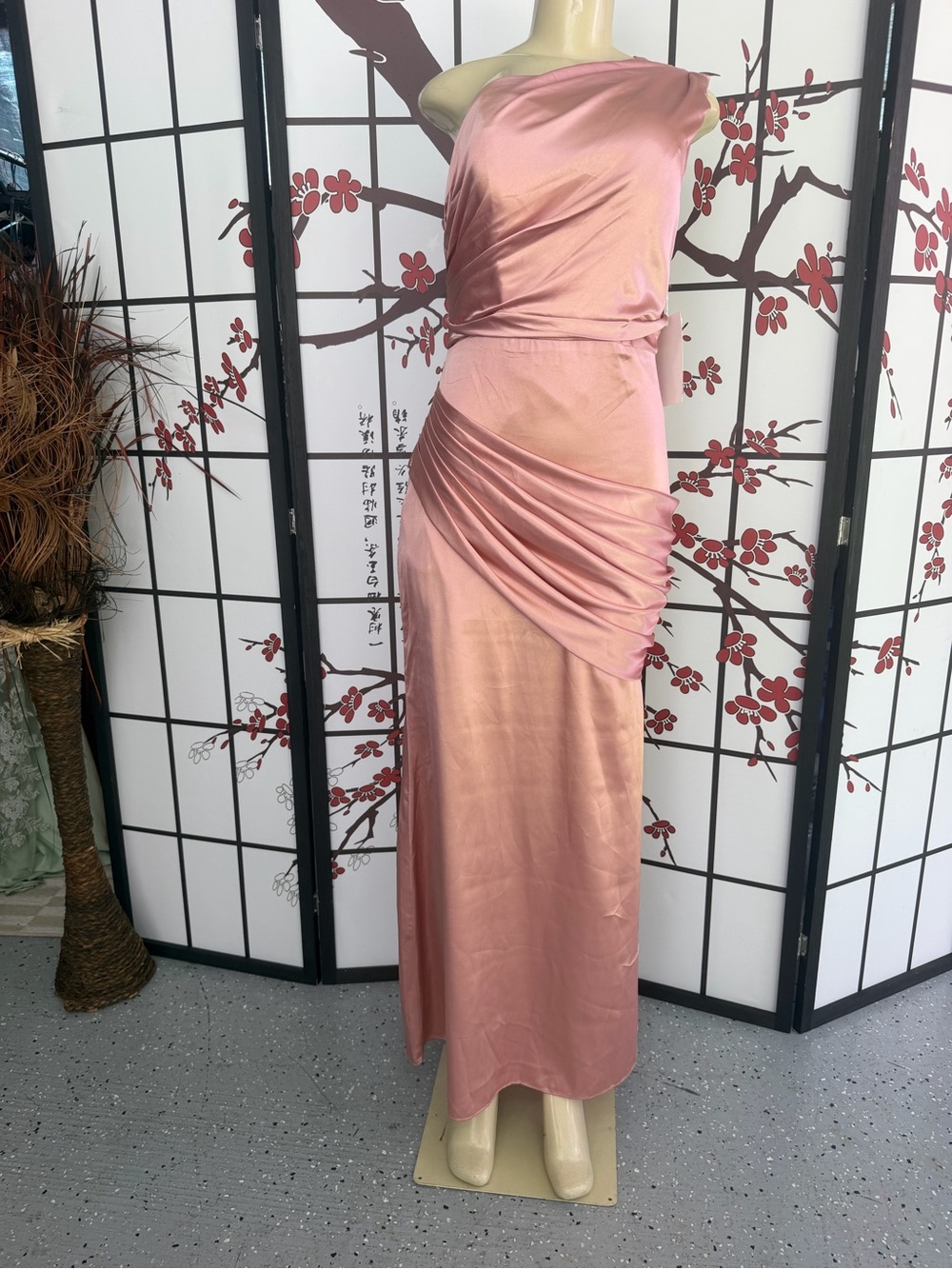 One-Shoulder Satin Evening Gown in Dusty Pink